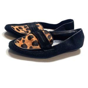 Andre Assous Calf Hair Flats Loafers Shoes Designer Size 7.5 Black Leopard Spain